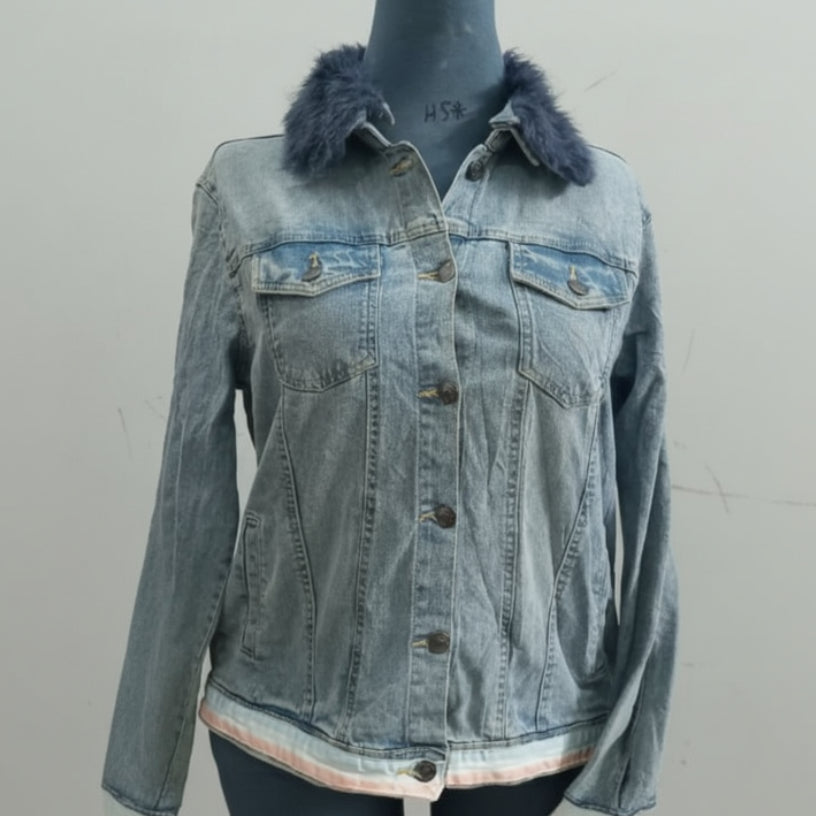 Esmara Faux Fur Trim Denim Jacket with Striped Detail