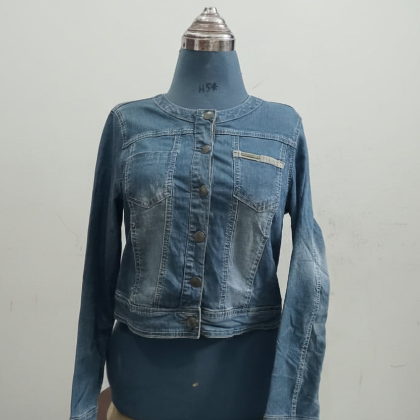 Miss Captain Collarless Cropped Denim Jacket