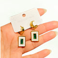 Gold Stainless Steel Green Stone Earrings