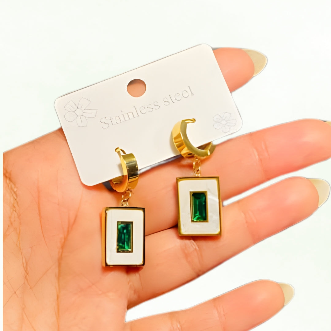 Gold Stainless Steel Green Stone Earrings